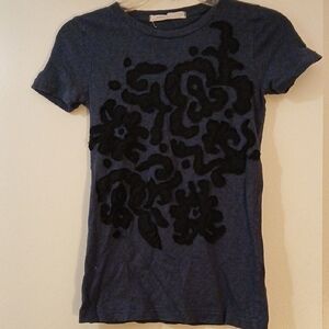J. Crew Blue & Black Floral Applique ALL COTTON, Handmade Style. XS